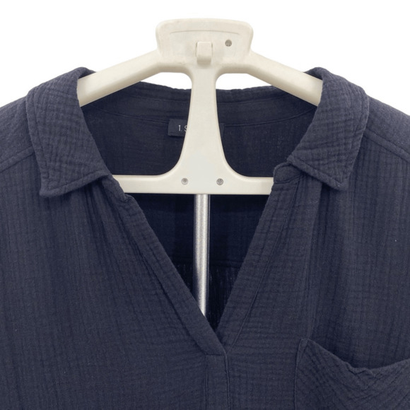 1. State Black Cotton Collared Split Neck Long Sleeve Large - Picture 6 of 11